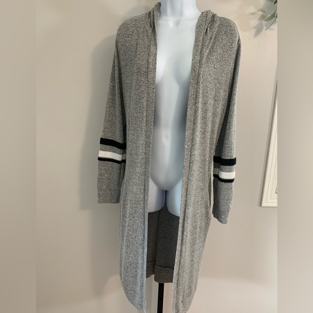 No Boundaries Heather Gray Hooded Cardigan with Stripes
